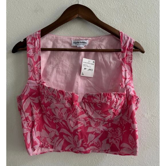 Charlie Holiday Pink Floral Tropical Hibiscus Crop Top size XL - Picture 5 of 14